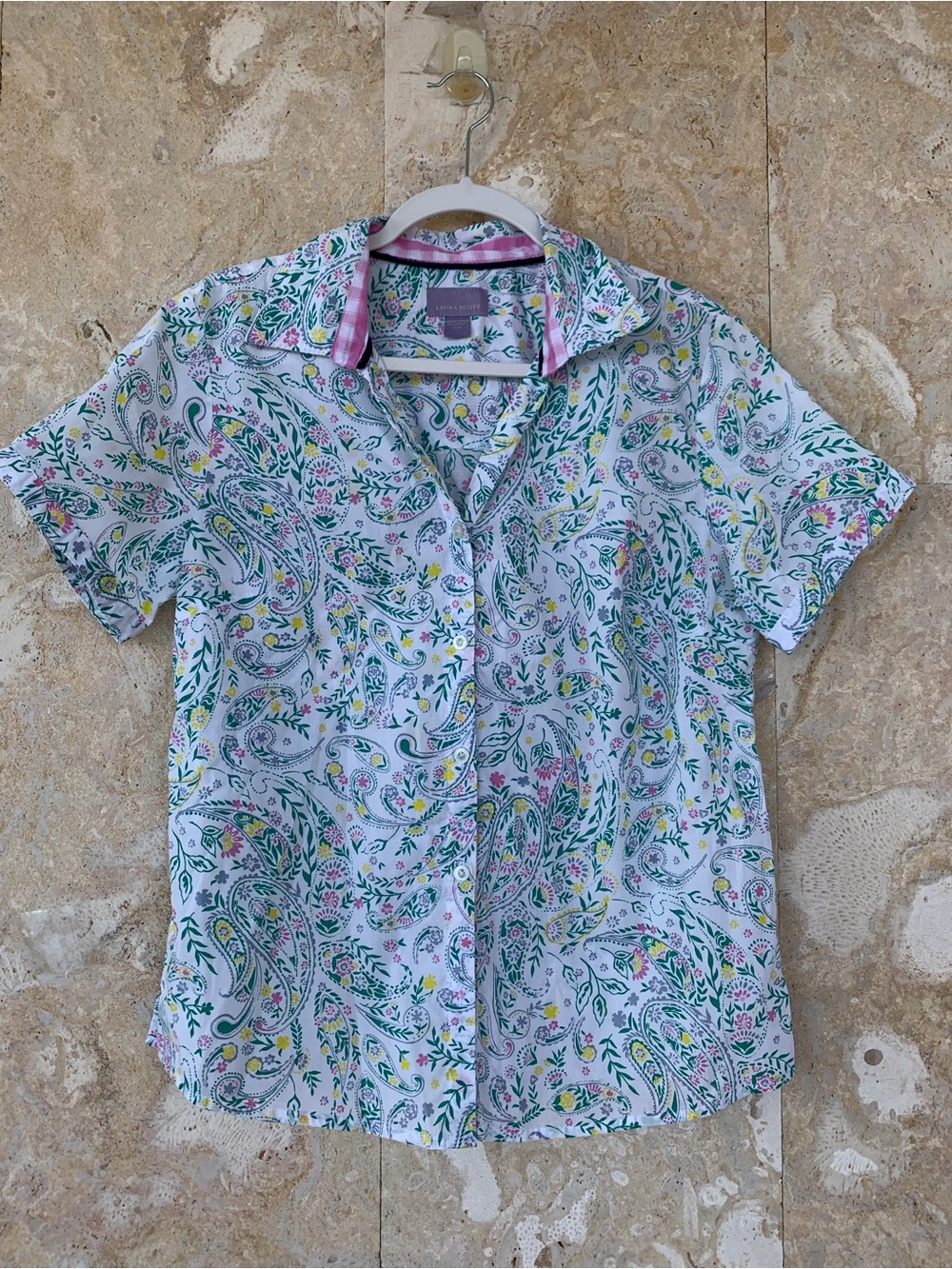Laura Scott Floral Paisley Button-Up Blouse in White with Green & Pink Accents